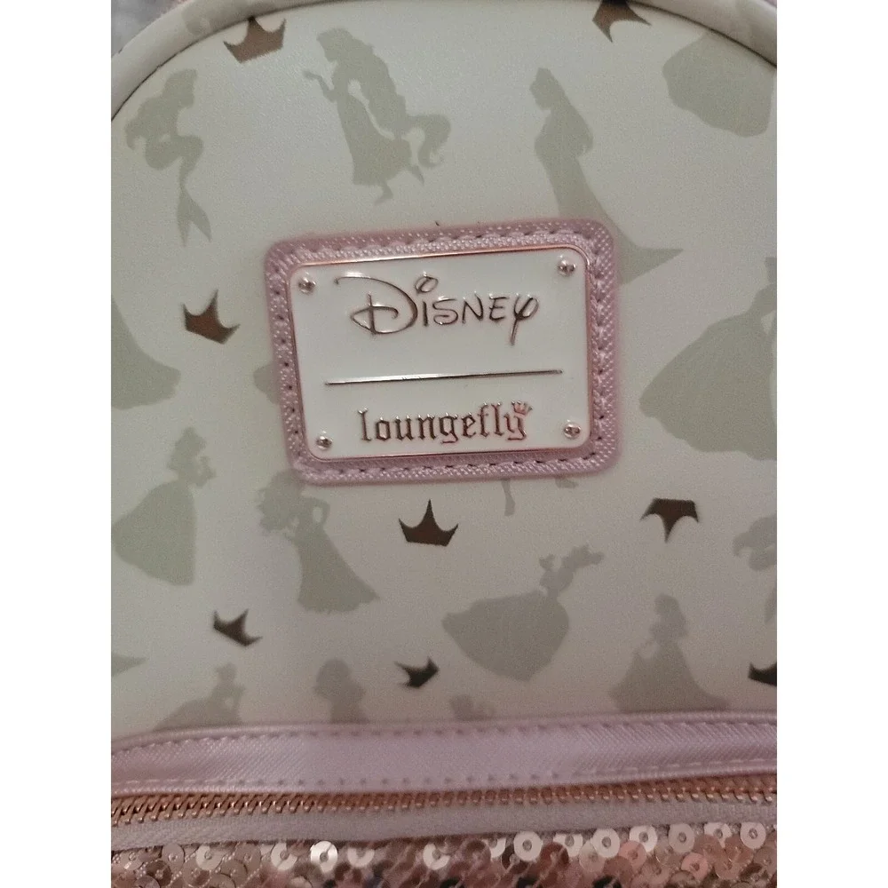 LOUNGEFLY DISNEY PRINCESS PINK SEGUINS MINI BACKPACK GOLD‎ CROWN  SILHOUETTES